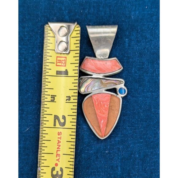 Vintage Sterling Silver .925 Abalone Corral Pendant Pink Multi Stone Abstract - Picture 3 of 4